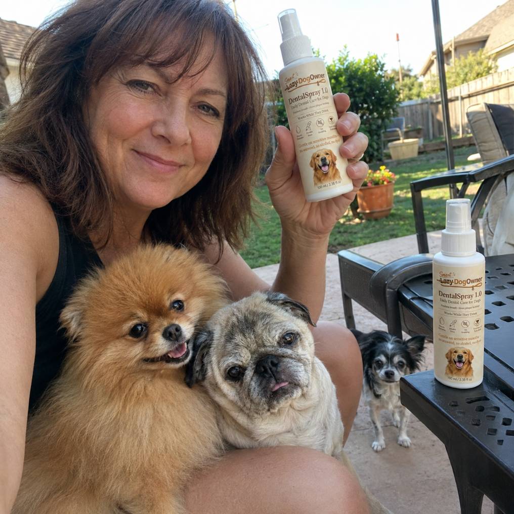 Customer with three small dogs and DentalSpray