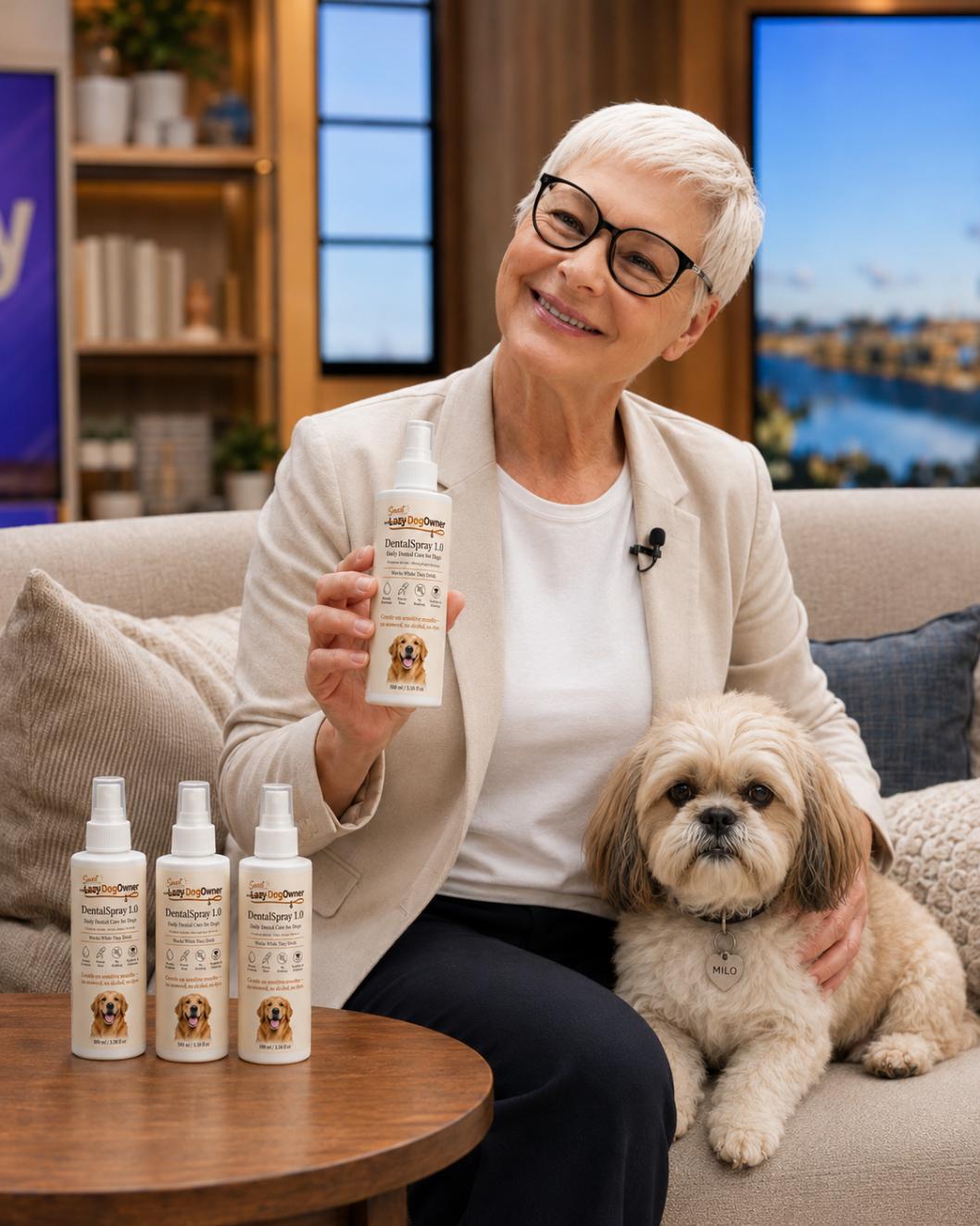 Maggie presenting DentalSpray with her dog on a morning show set